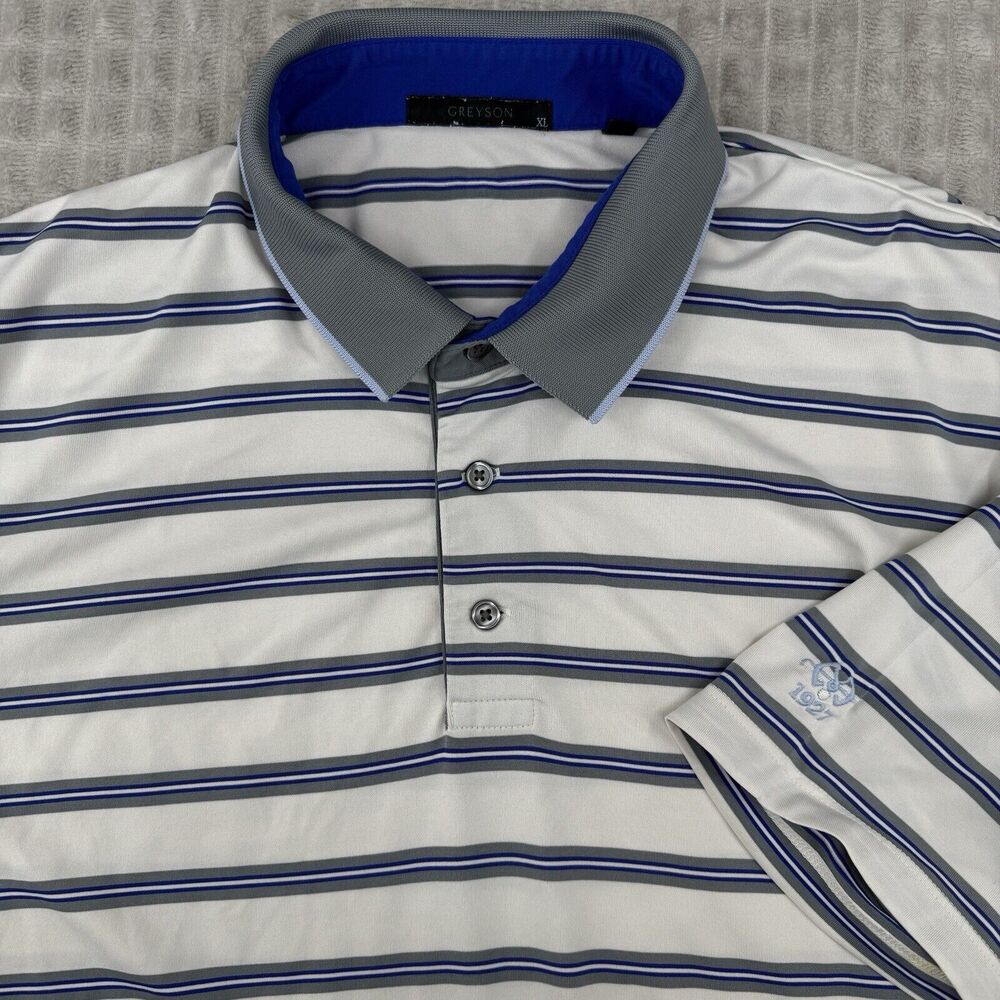 Greyson Shirt Mens Large White Striped Short Sleeve Polo Casual‎ Golf Logo READ